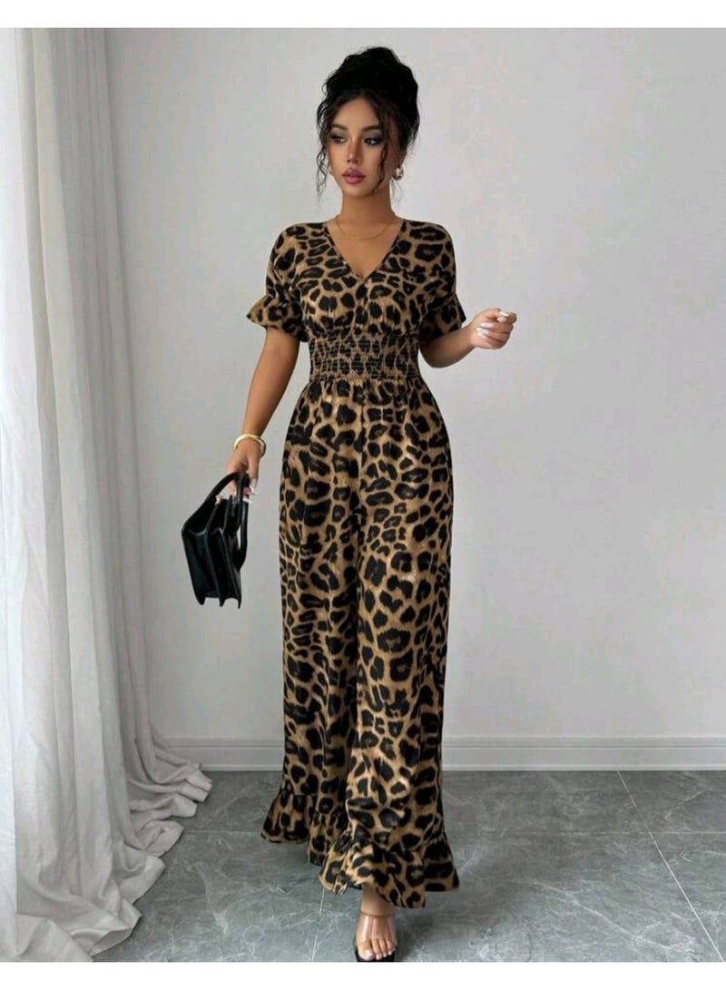 Shein Elenzga Women's Leopard Print Shirred Waist Short Puff Sleeve Wide Leg Jumpsuit - Image 2